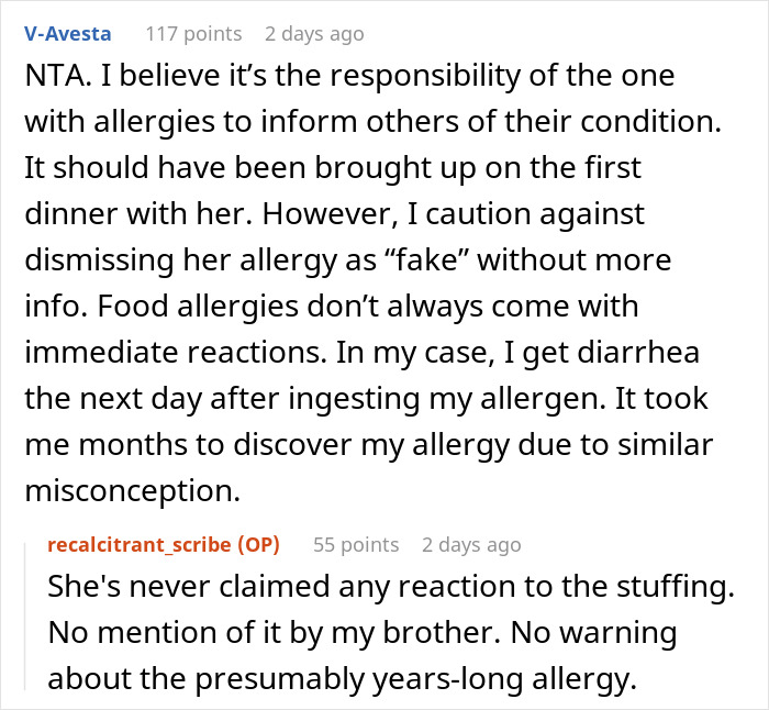 Reddit conversation discussing woman calling out sister-in-law for pretending to have a food allergy last year.