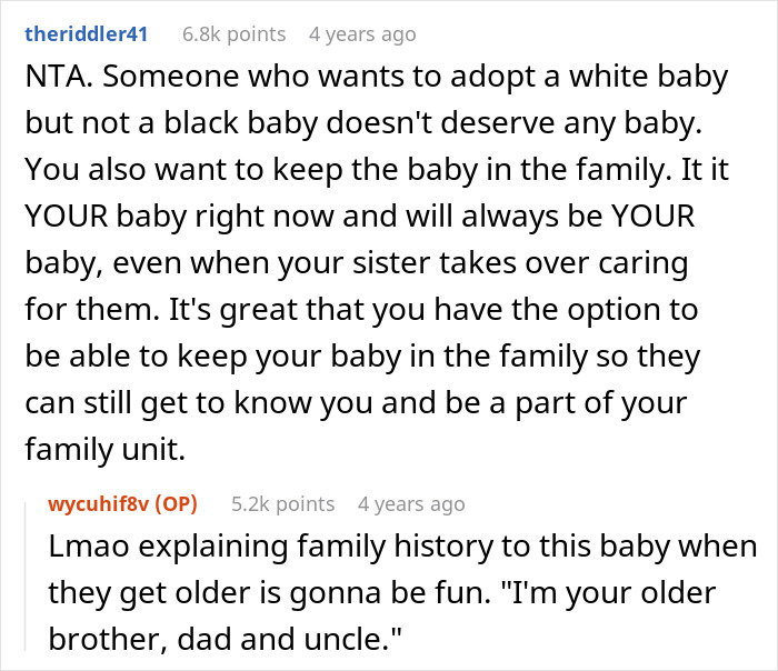 Reddit discussion about adopting a white baby and keeping the baby in the family amid racism concerns.