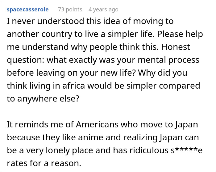 Comment expressing doubts about moving to an African country to lead a simpler lifestyle and feeling disillusioned.