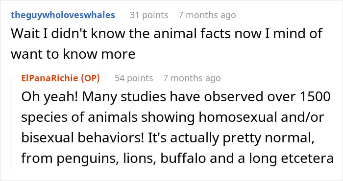 Reddit conversation about animal studies showing homosexual behavior, related to a secretly gay teen teaching homophobic parents respect.