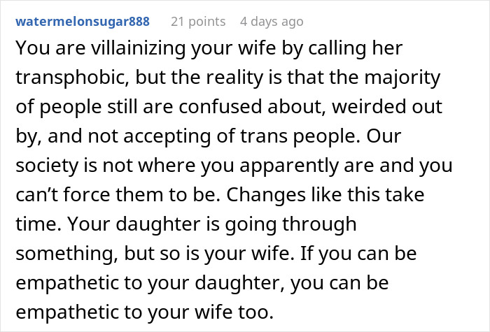 Comment discussing wife’s transphobic reaction after son comes out, with husband feeling family is imploding and tensions rising. Comment discussing wife’s transphobic reaction after son comes out, with husband feeling family is imploding and tensions rising.