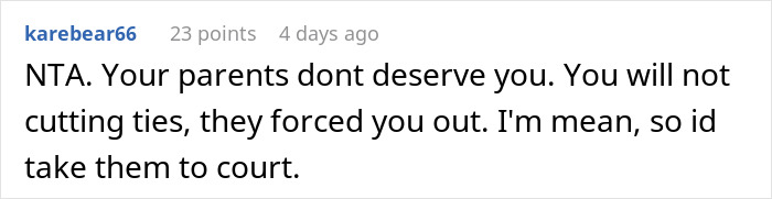 Screenshot of a Reddit comment discussing a man cutting off parents after their revenge over his small wedding plans. Screenshot of a Reddit comment discussing a man cutting off parents after their revenge over his small wedding plans.