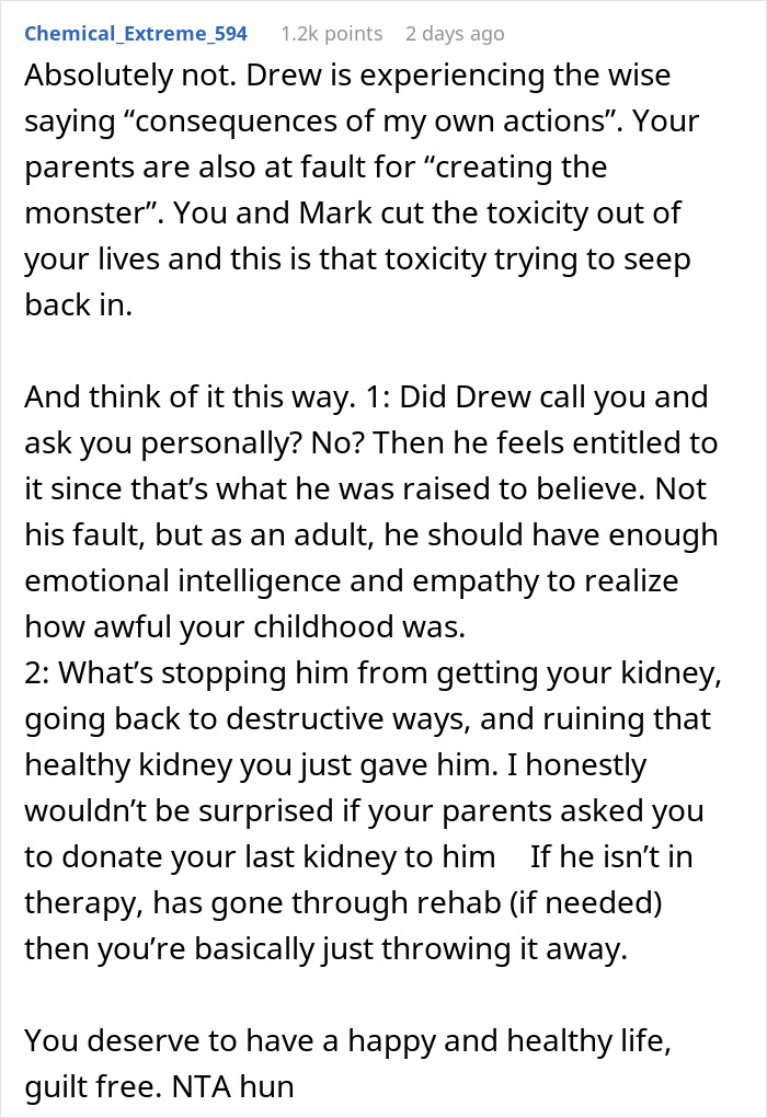 Screenshot of an online comment discussing family toxicity and emotional impact on a woman conceived as spare parts for her brother. Screenshot of an online comment discussing family toxicity and emotional impact on a woman conceived as spare parts for her brother.