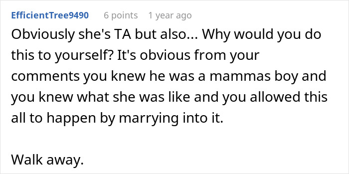 Commenter advises walking away from a toxic MIL who insists on wearing a white dress to son's wedding.