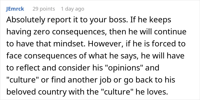 Comment advising to report coworker who told a woman to stay home and birth babies to address workplace conflict. Comment advising to report coworker who told a woman to stay home and birth babies to address workplace conflict.