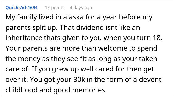 Screenshot of an online comment discussing a teen&rsquo;s $30k dividend, parenting, and conflicting views on money and care.
