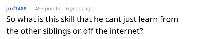 Screenshot of a Reddit comment questioning why the man can’t learn craft skills from siblings or the internet. Screenshot of a Reddit comment questioning why the man can’t learn craft skills from siblings or the internet.