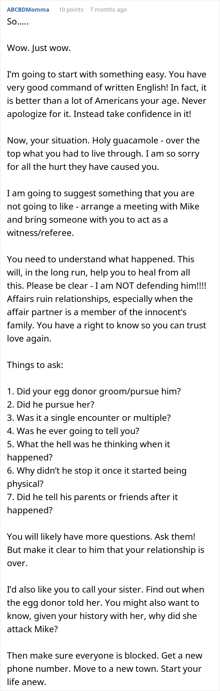 Screenshot of a heartfelt online comment offering advice about a bride learning her groom cheated with her mom.