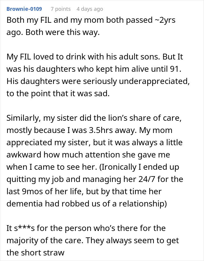 Comment discussing how a woman is blinded by flowers from her son and doesn&rsquo;t see her daughter&rsquo;s care efforts.