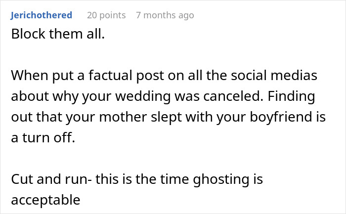 Comment about wedding canceled after bride finds out groom cheated with her mom shared on social media.