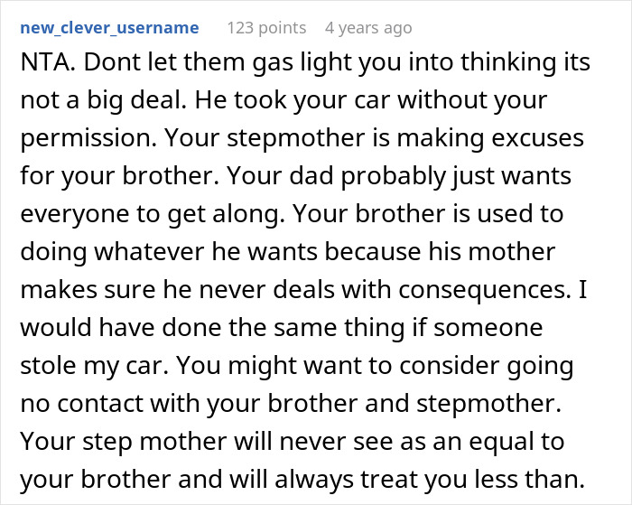 Screenshot of a text comment discussing a woman&rsquo;s half-brother stealing her car and family turning against her.