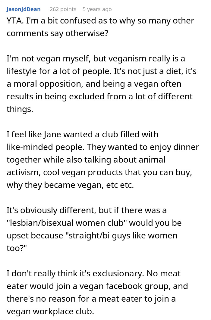 Text from an online forum discussing employee pushback against a vegan-only club and starting beef in the workplace.