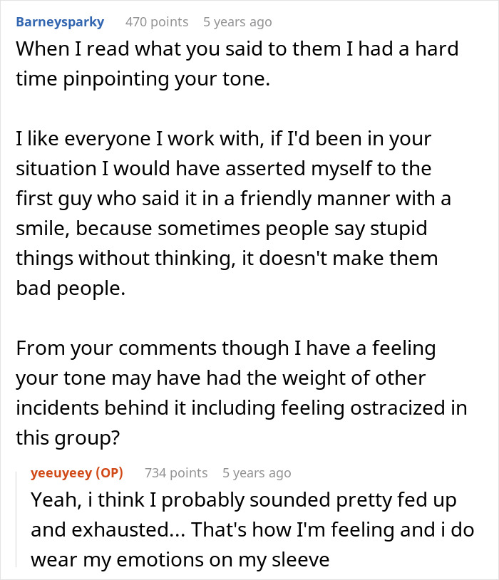 Screenshot of an online discussion about office potluck store-bought dessert drama and workplace communication challenges.