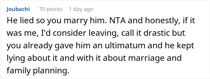 Comment discussing the impact of a husband's lie on marriage and family planning decisions after trust is broken. Comment discussing the impact of a husband's lie on marriage and family planning decisions after trust is broken.