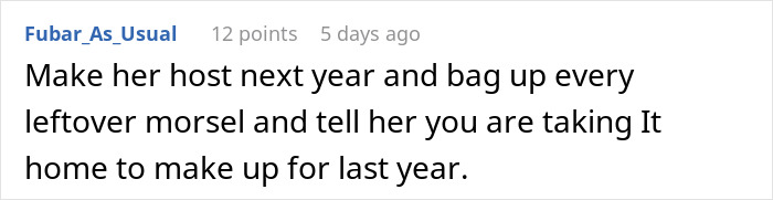 Text comment about hosting an expensive Thanksgiving dinner and dealing with missing leftovers after the event. Text comment about hosting an expensive Thanksgiving dinner and dealing with missing leftovers after the event.