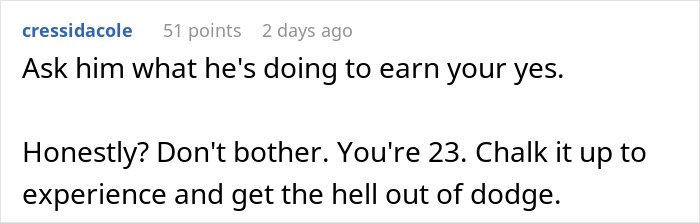 Screenshot of a Reddit comment advising a woman on earning an engagement ring after 4.5 years together, sparking drama. Screenshot of a Reddit comment advising a woman on earning an engagement ring after 4.5 years together, sparking drama.