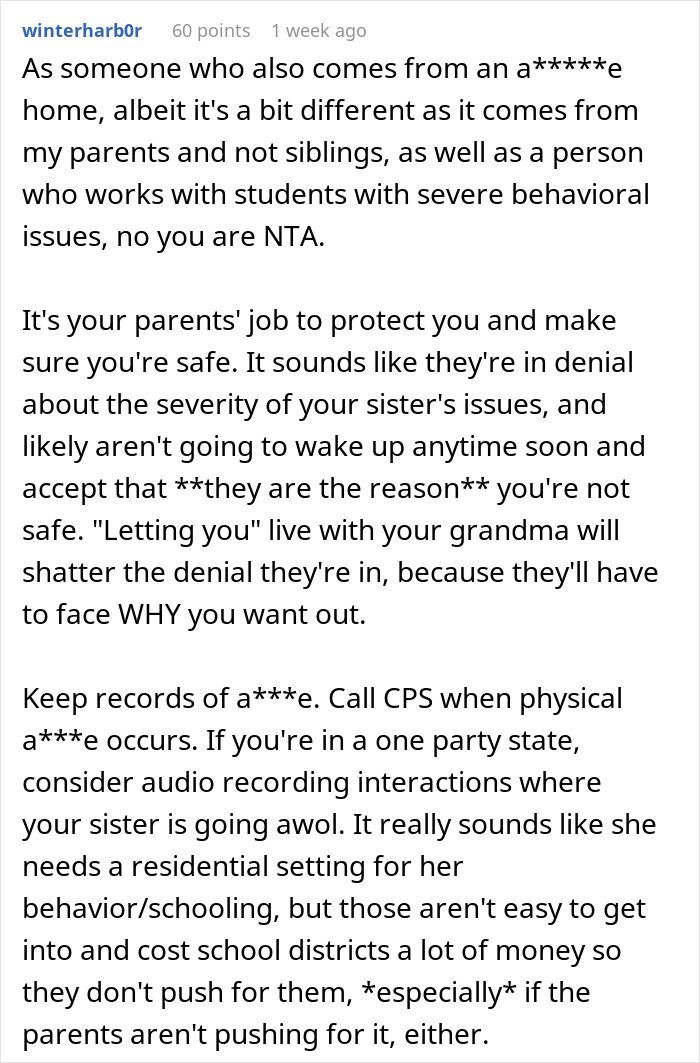 Comment discussing a teen living in fear of his violent sister and parents struggling to believe the situation.