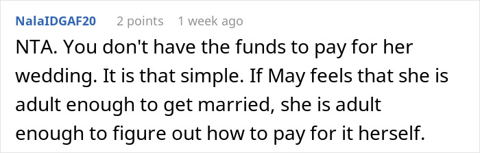 Comment discussing a financially unstable woman rushing into marriage and facing consequences after a bitter reality check.