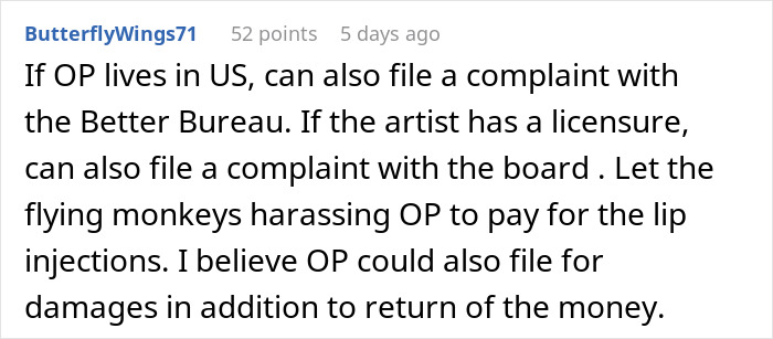 User comment about filing a complaint against a makeup artist who pretended to be sick on a woman's wedding day for easy money.