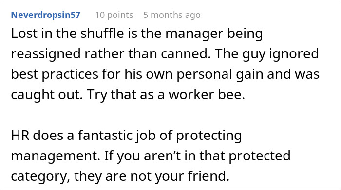 Comment discussing a manager reassigned for ignoring best practices after boss makes employee hire his crush, causing issues. Comment discussing a manager reassigned for ignoring best practices after boss makes employee hire his crush, causing issues.