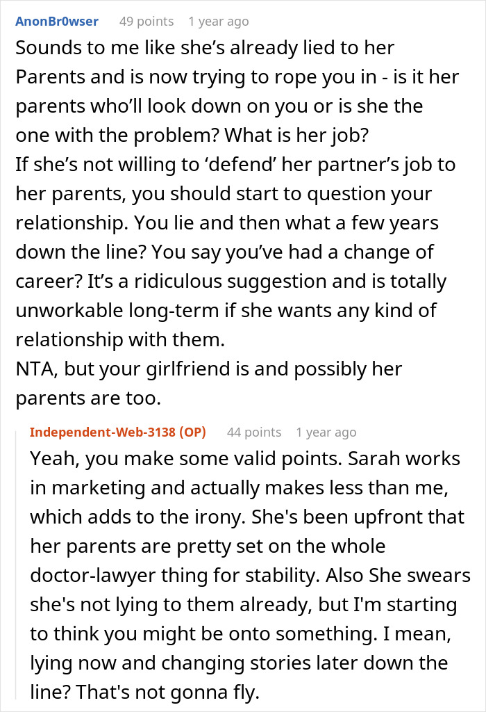 Screenshot of a Reddit conversation discussing relationship issues with career-related dishonesty and pressure to lie.