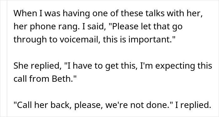 Text showing a man asking his wife to ignore her phone call during an important talk, highlighting phone dependence issues.