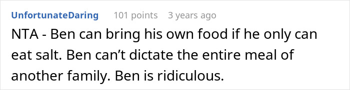 Screenshot of a Reddit comment criticizing a picky eater demanding brother&rsquo;s in-laws change the entire Christmas menu.