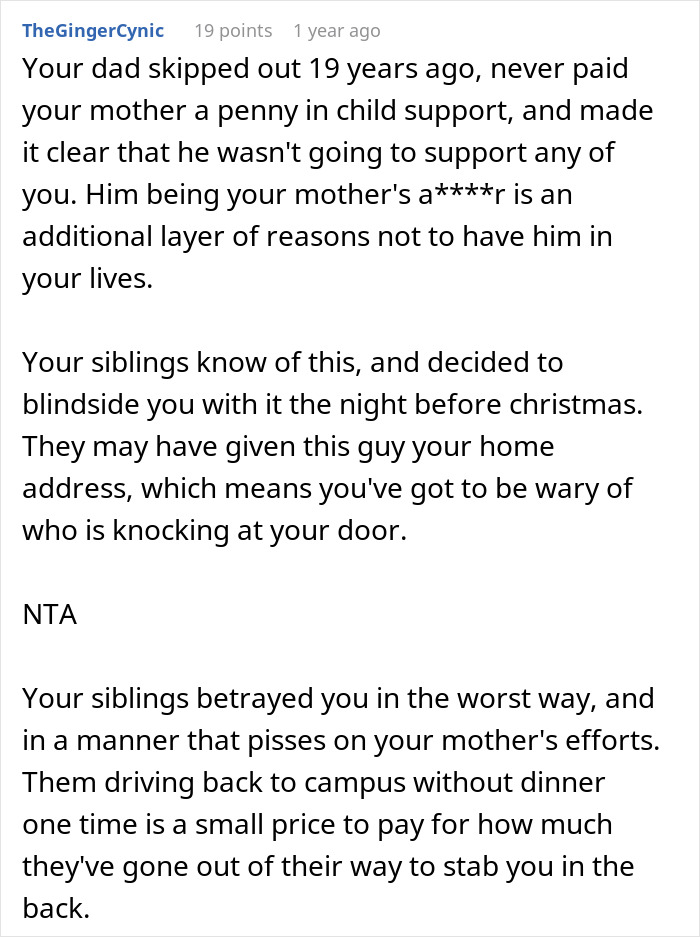 Text comment on Reddit discussing family betrayal and tensions after siblings reveal a surprise plan involving a problematic family member.