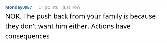 Comment on Reddit by user Monday0987 discussing family dynamics and consequences of actions.