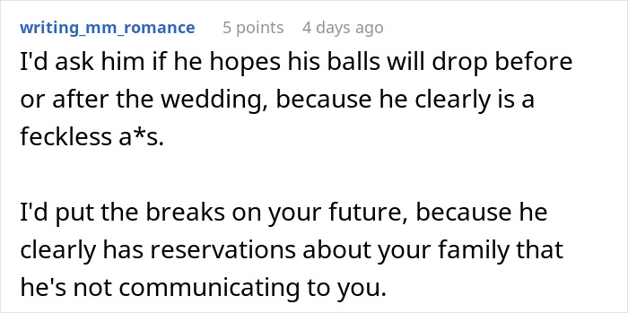 Screenshot of a forum comment discussing a woman rethinking her engagement after fianc&eacute;&rsquo;s lie about her family is revealed.