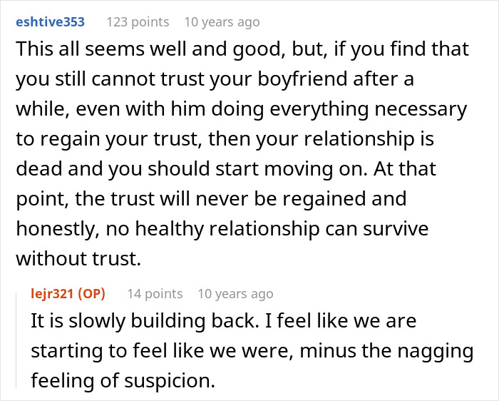 Comments discussing trust issues after a woman discovers her boyfriend built their relationship on lies.