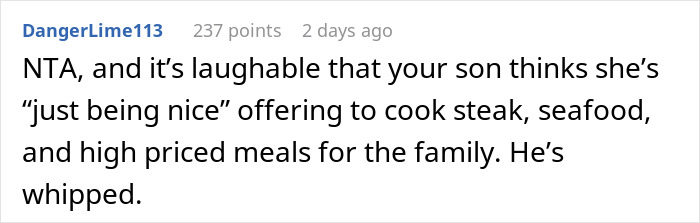 Screenshot of an online comment discussing a mom accused of embarrassing her son&rsquo;s girlfriend who offered to cook meals.
