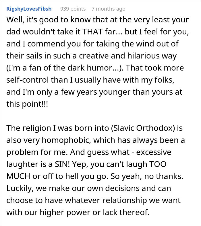 Comment discussing a secretly gay teen using dark humor to address homophobic parents and teach them respect.