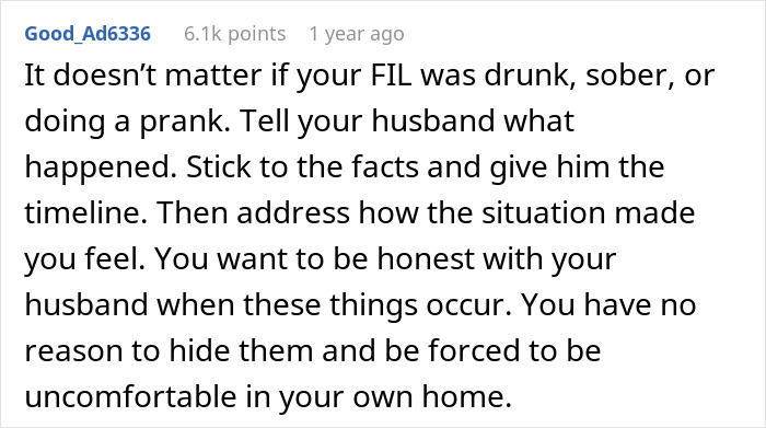 Screenshot of a Reddit comment discussing a woman shocked by FIL&rsquo;s unexpected love confession and feeling lost after being asked not to tell.