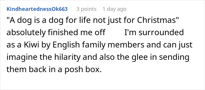 Comment about a rich aunt sneaking a cheap gift back and dad&rsquo;s petty Christmas revenge shared in a family discussion.