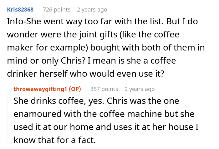 Screenshot of an online discussion about a coffee maker gift on a sil Christmas gift list thread.