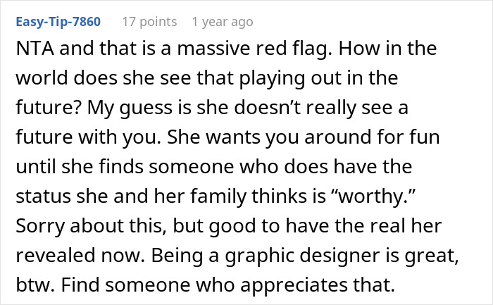Screenshot of an online comment discussing a red flag in a relationship involving pressure to lie about a man&rsquo;s graphic design career.