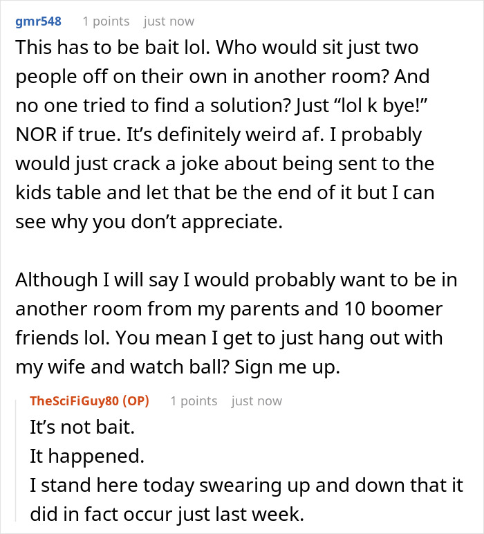 Reddit discussion about parents letting friends sit at main Thanksgiving table while son is annoyed at overflow table.