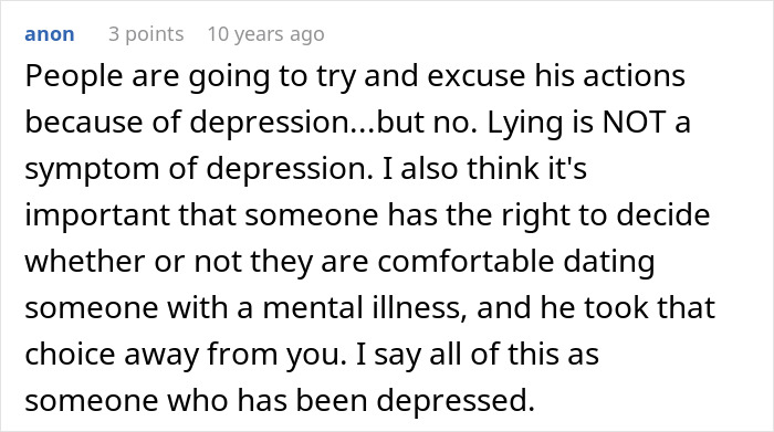 Comment discussing how lying is not a symptom of depression in a relationship built on lies and fear of losing partner.