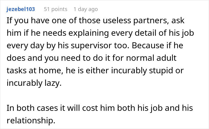 Screenshot of a Reddit comment discussing patterns men in relationships follow, highlighting frustration with useless partners.