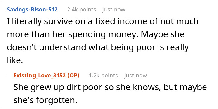 Reddit conversation about a SAHM feeling poor despite receiving 1K per month as fun money from husband.
