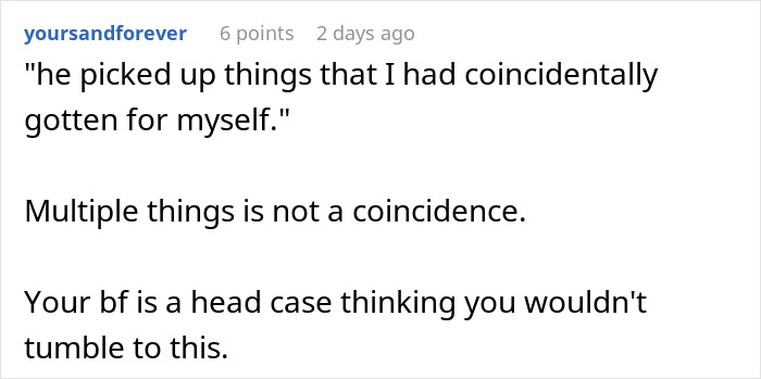 Text comment about woman confused about Christmas gifts from boyfriend matching items that went missing earlier, hinting at suspicion.