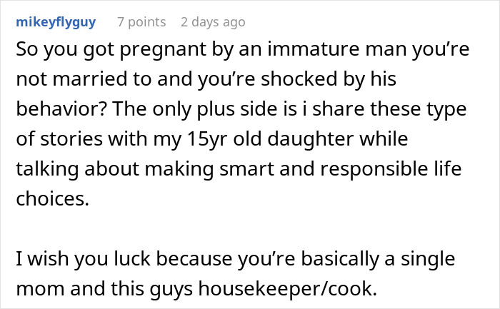 Comment discussing a woman rethinking her relationship after her boyfriend ditches her and newborn to party for over 18 hours.