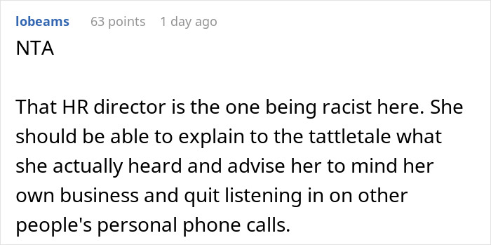 Comment discussing HR director's role in a workplace conflict involving a call in Korean and a triggered coworker. Comment discussing HR director's role in a workplace conflict involving a call in Korean and a triggered coworker.