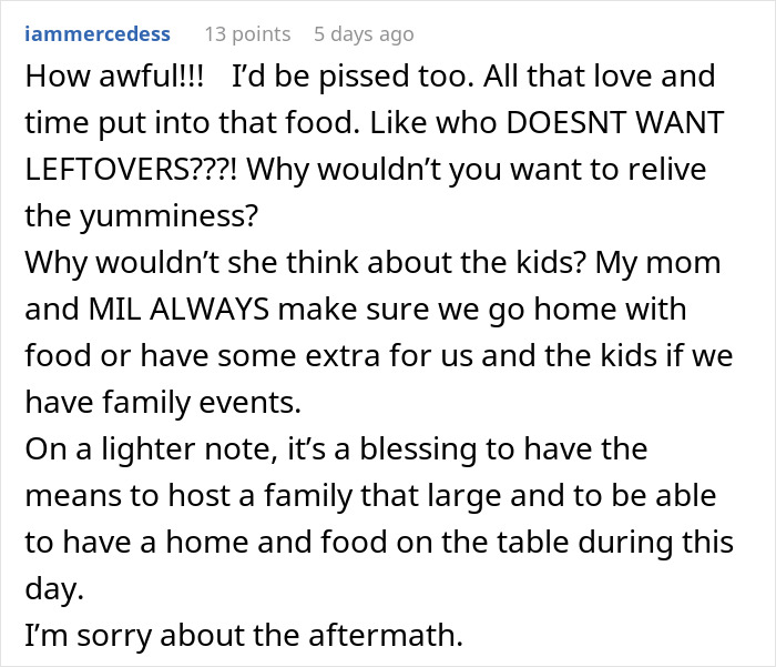 Text commentary from user about a couple hosting an expensive Thanksgiving dinner and missing leftovers. Text commentary from user about a couple hosting an expensive Thanksgiving dinner and missing leftovers.