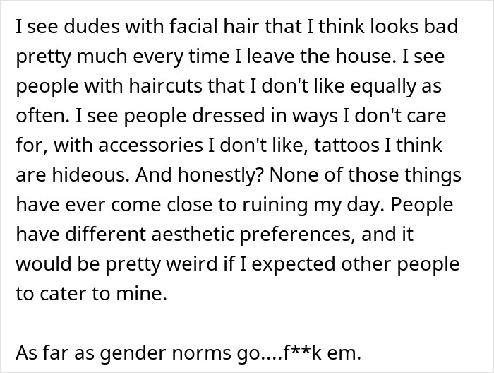 Text discussing personal views on facial hair, haircuts, and gender norms, with a focus on a woman&rsquo;s hairy armpits.