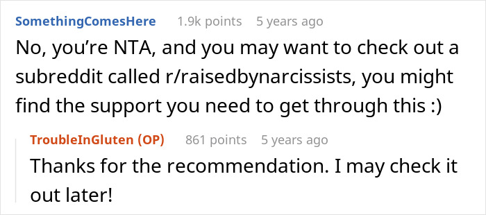 Screenshot of a Reddit conversation discussing support forums related to parents lied about allergies situations.