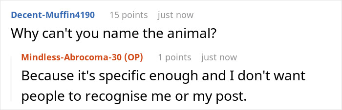 Reddit screenshot of two comments: user asks why name the animal, OP says it's specific and avoids recognition, racist gift