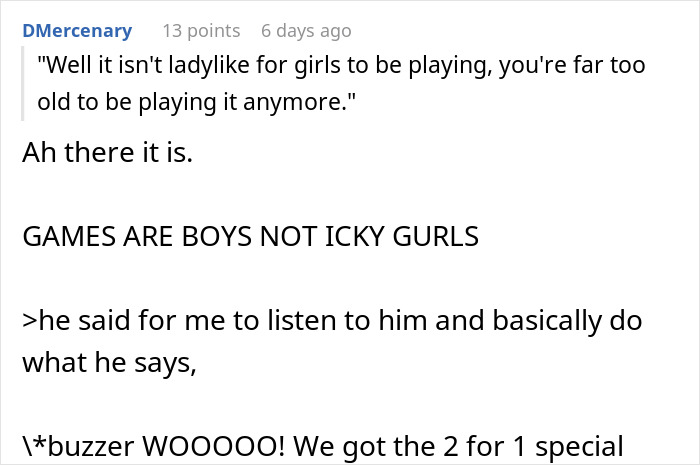 Screenshot of a comment mocking a girlfriend for playing video games to unwind, saying it isn&rsquo;t ladylike behavior.