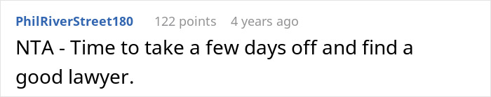 Screenshot of a Reddit comment reading NTA with advice to take days off and find a good lawyer about reheating pizza leftovers for MIL.